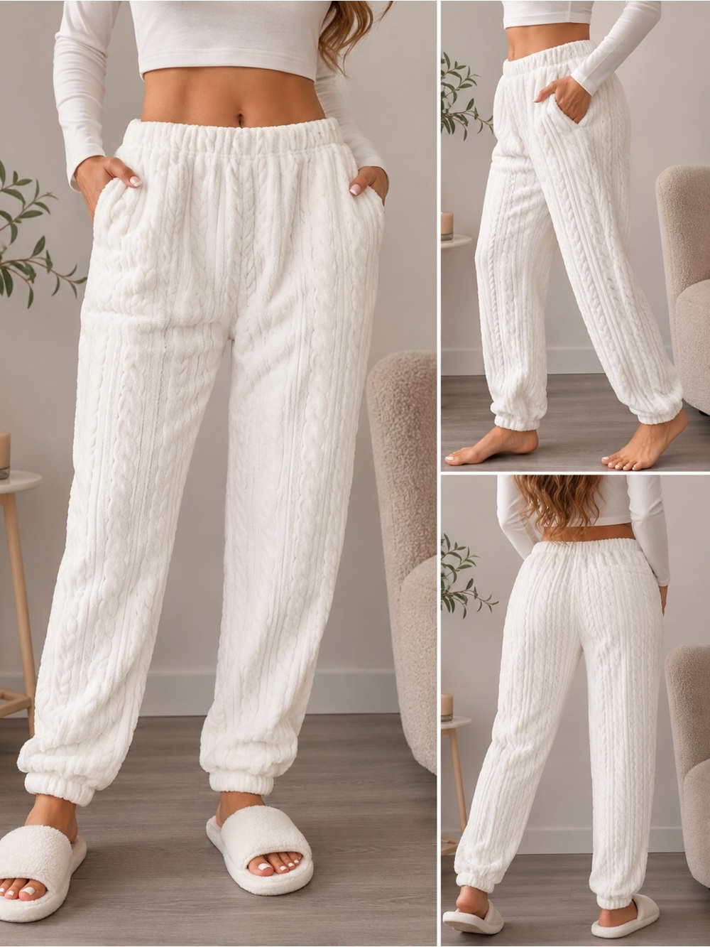 Cozy Cable Knit Fleece Lounge Pants - White